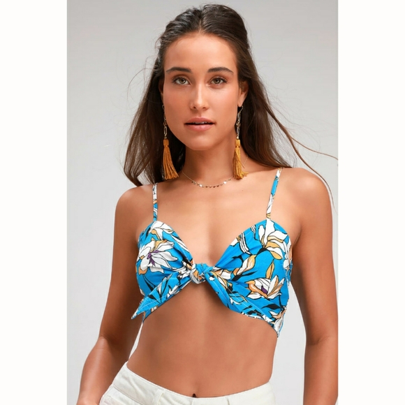 J.O.A. Lapa Blue Tie Front Smocked Crop Top - Picture 1 of 10